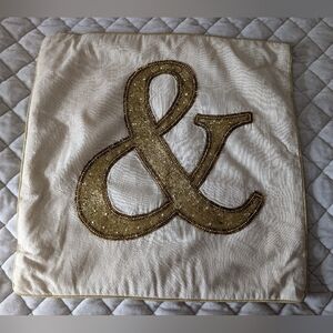 Decorative Pillow Cover, & Ampersand, Gold Beaded, Creme, Zippered, 18 inch